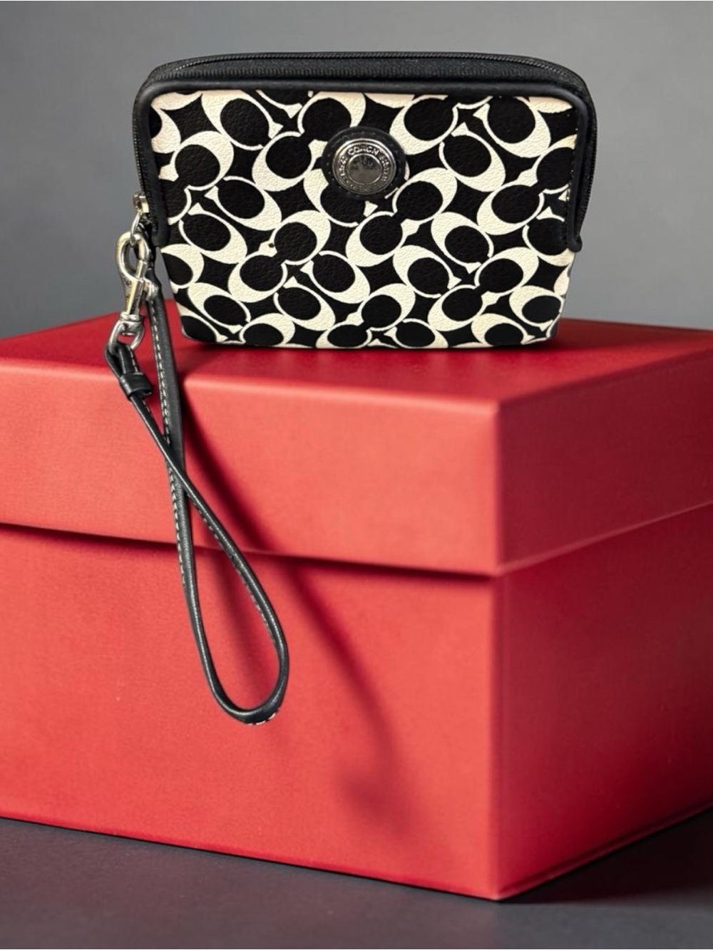 COACH Black White Signature Coated Canvas Wristlet
